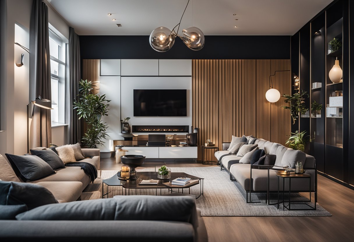 A modern, open-concept living room with sleek furniture, a statement wall, and strategically placed lighting for ambiance