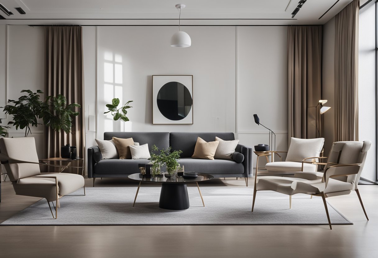 A modern, sleek interior design studio with a minimalist aesthetic. Clean lines, neutral color palette, and stylish furniture create an inviting atmosphere