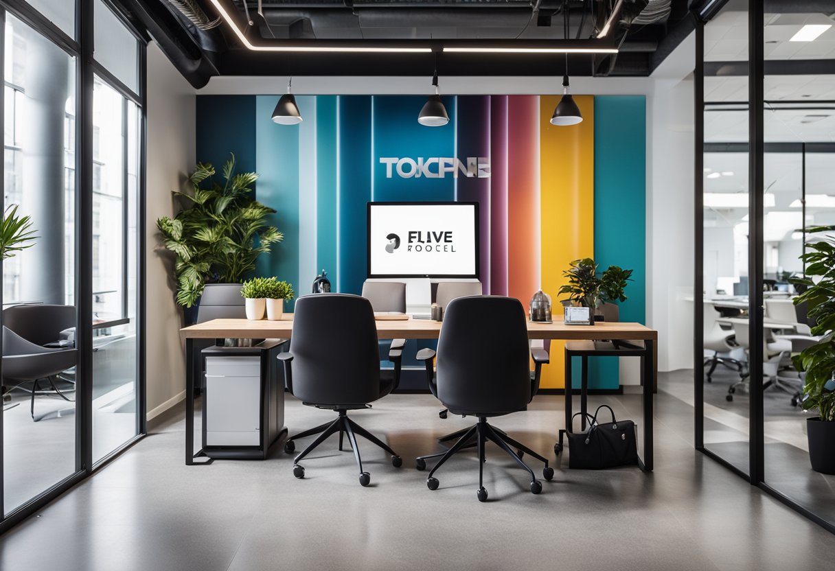 A modern office space with sleek furniture, a vibrant color palette, and stylish decor. A large wall display showcases the company's logo and tagline