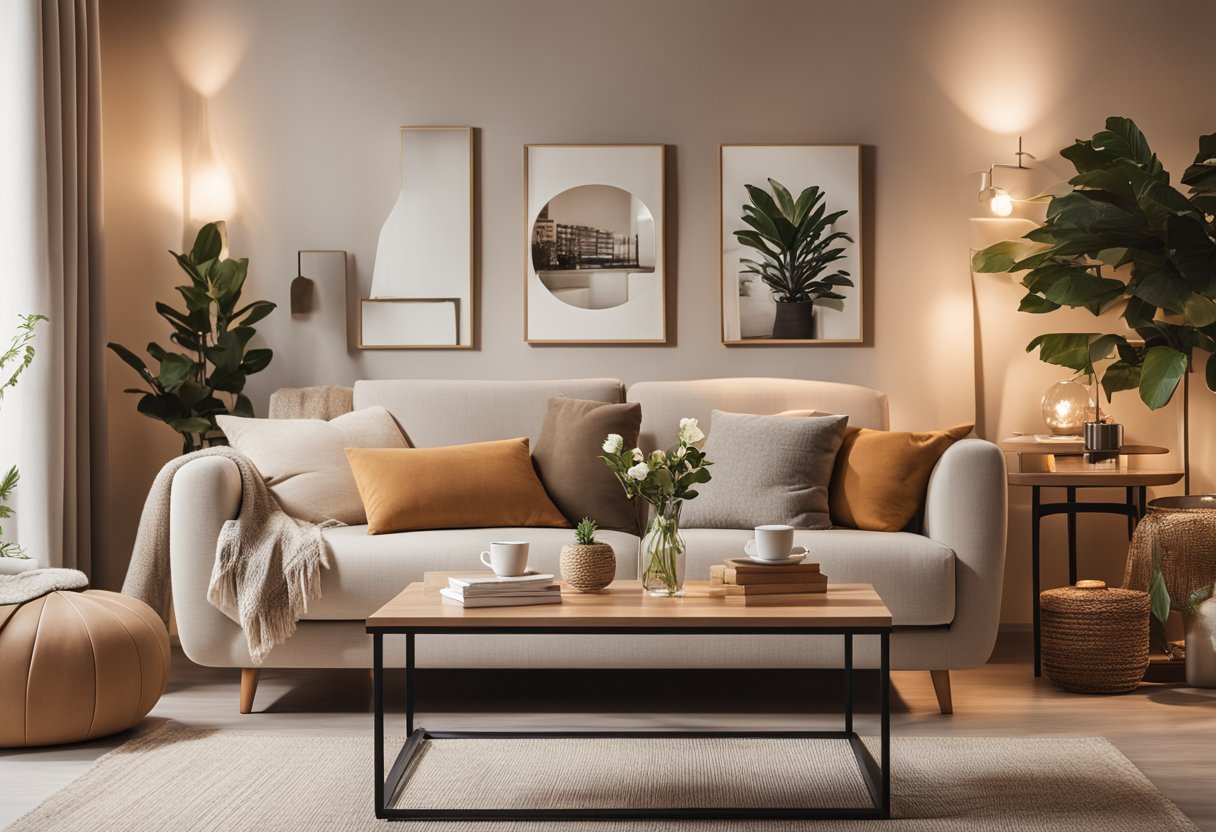 A cozy living room with a modern sofa, a coffee table, and a bookshelf. Soft lighting and a warm color palette create a welcoming atmosphere