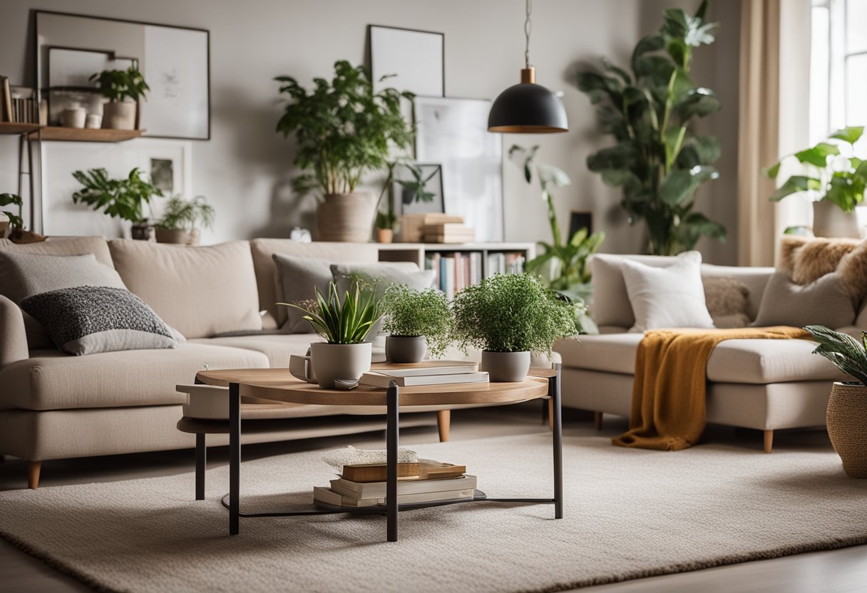 A cozy living room with a modern sofa, coffee table, and potted plants. A bookshelf filled with design books and decorative items. Soft lighting and a rug complete the inviting space