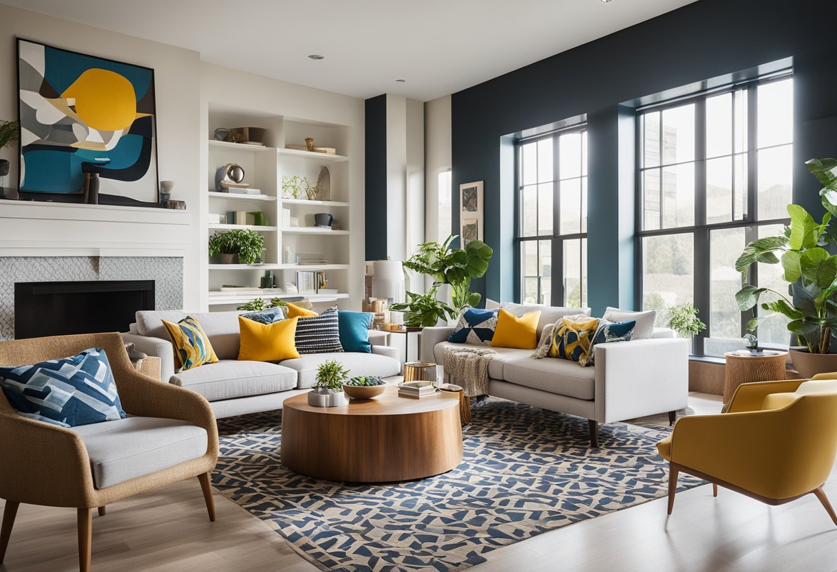 A bright, modern living room with bold patterns, vibrant colors, and sleek furniture. Large windows let in natural light, highlighting the eclectic decor