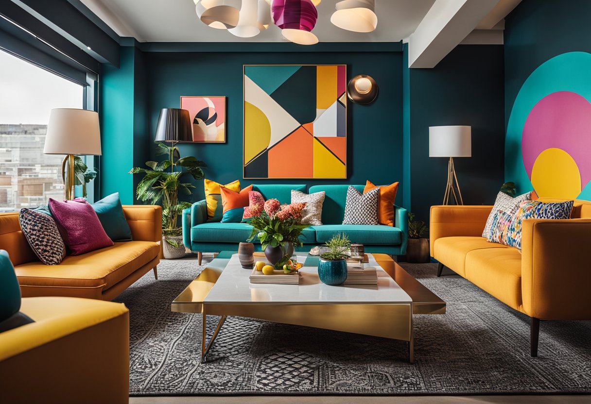 A vibrant living room with bold colors, sleek furniture, and geometric patterns. A statement wall adorned with pop art and a retro-inspired lighting fixture