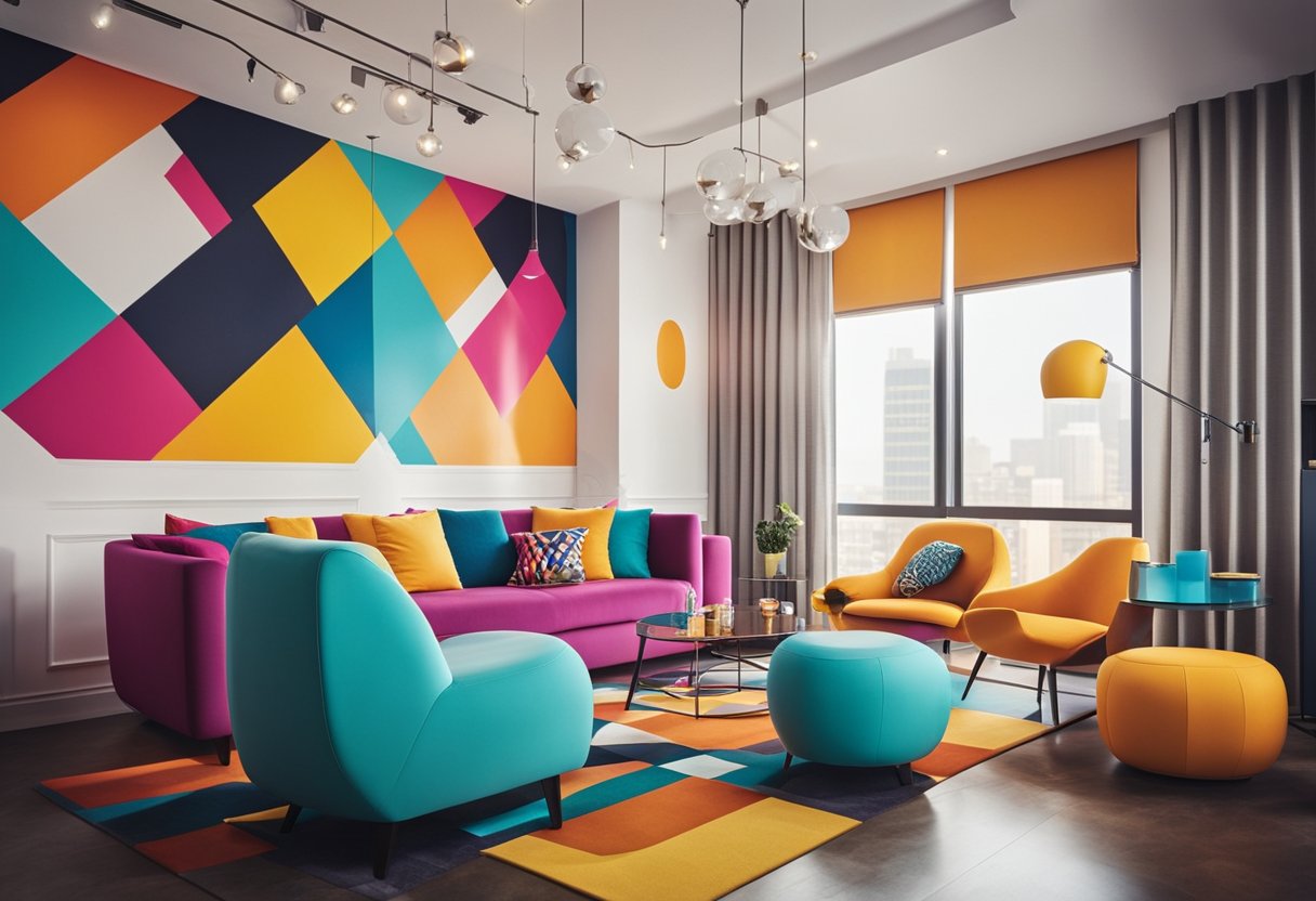 A room with vibrant colors, geometric patterns, and sleek furniture. Pop art decor elements like bold typography and graphic prints add a playful touch