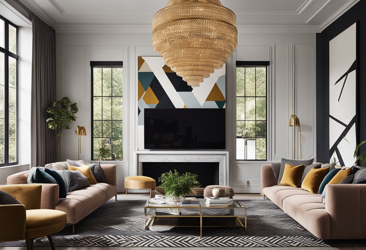 A sleek, modern living room with a statement chandelier, plush velvet sofa, and bold geometric patterns. Vibrant artwork adorns the walls, and large windows flood the space with natural light