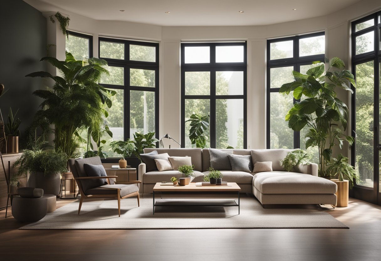 A cozy living room with a modern sofa, elegant coffee table, and soft lighting. A large window brings in natural light, and plants add a touch of greenery