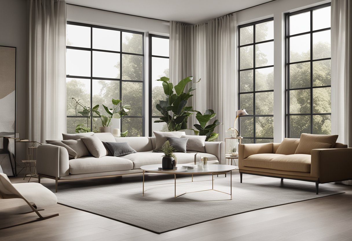 A modern, minimalist living room with clean lines, neutral colors, and sleek furniture. Large windows let in natural light, highlighting the carefully curated art and decor