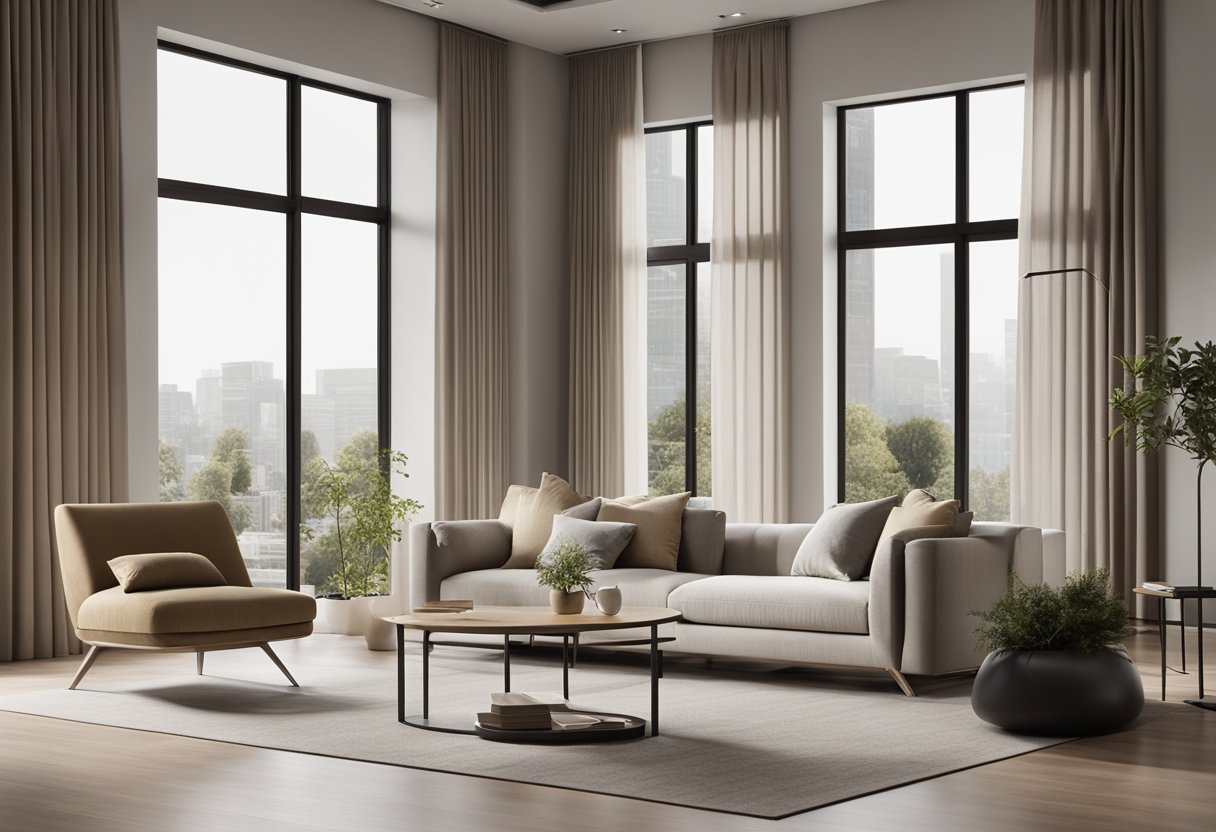 A modern living room with sleek furniture, neutral color palette, and minimalist decor. Large windows allow natural light to flood the space, creating a warm and inviting atmosphere