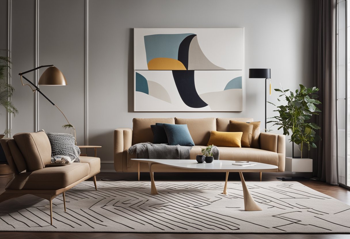A modern living room with a sleek sofa, a geometric coffee table, and a statement rug. A minimalist floor lamp illuminates the space, while abstract art adorns the walls