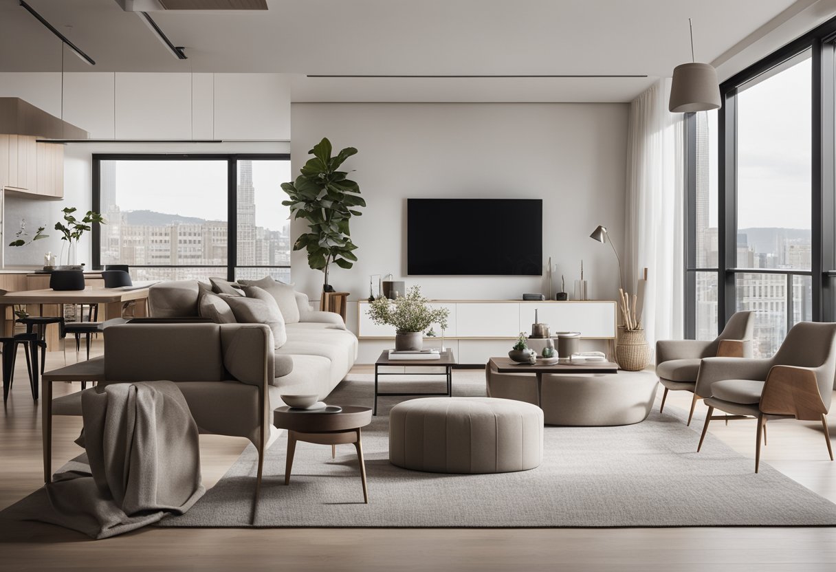 A sleek, open-concept apartment with minimalist furniture, clean lines, and neutral color palette. Large windows allow natural light to fill the space, highlighting the modern decor