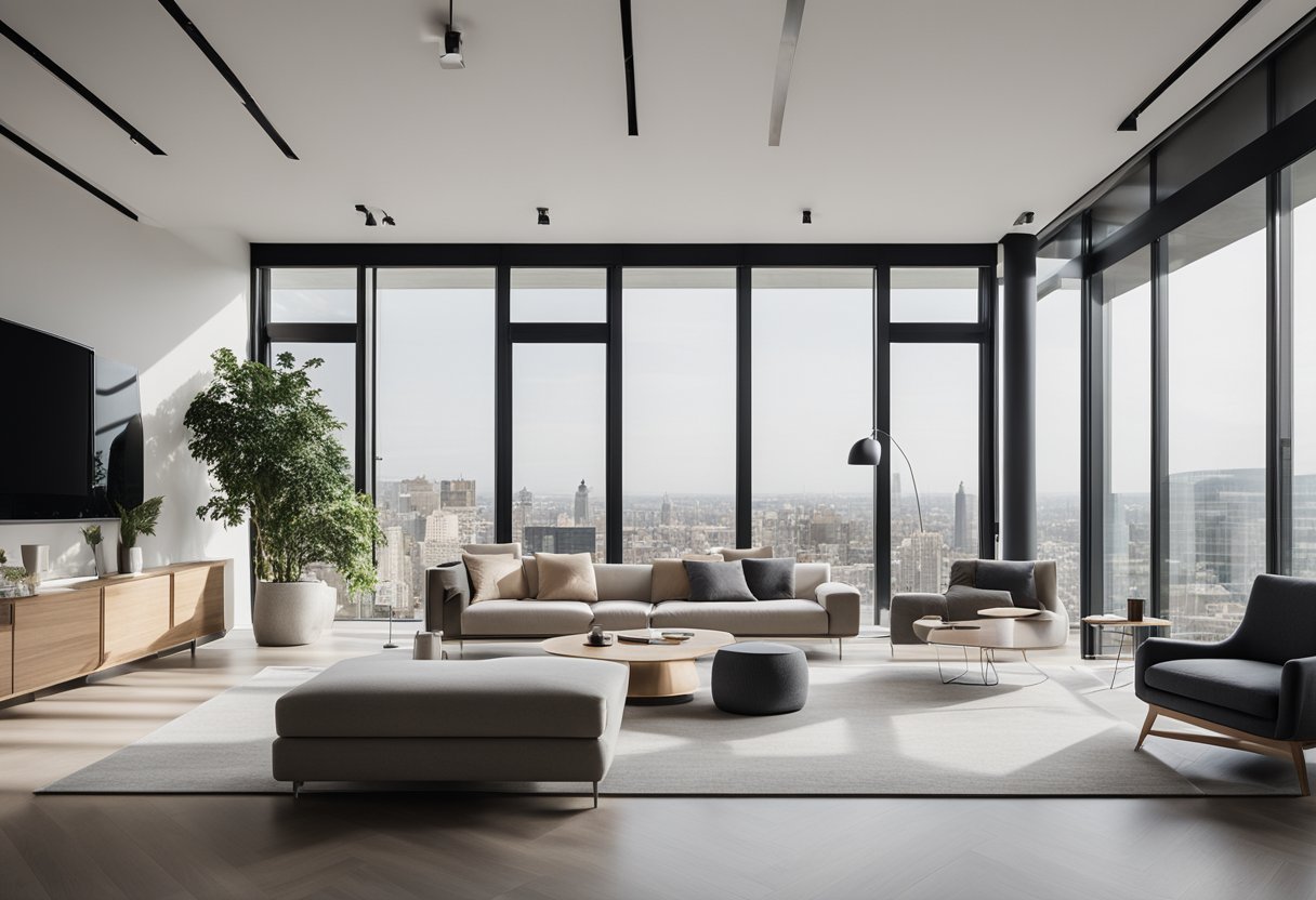 A modern, minimalist interior with clean lines, neutral colors, and sleek furniture. Large windows allow natural light to flood the space, highlighting the architectural details and creating a sense of openness