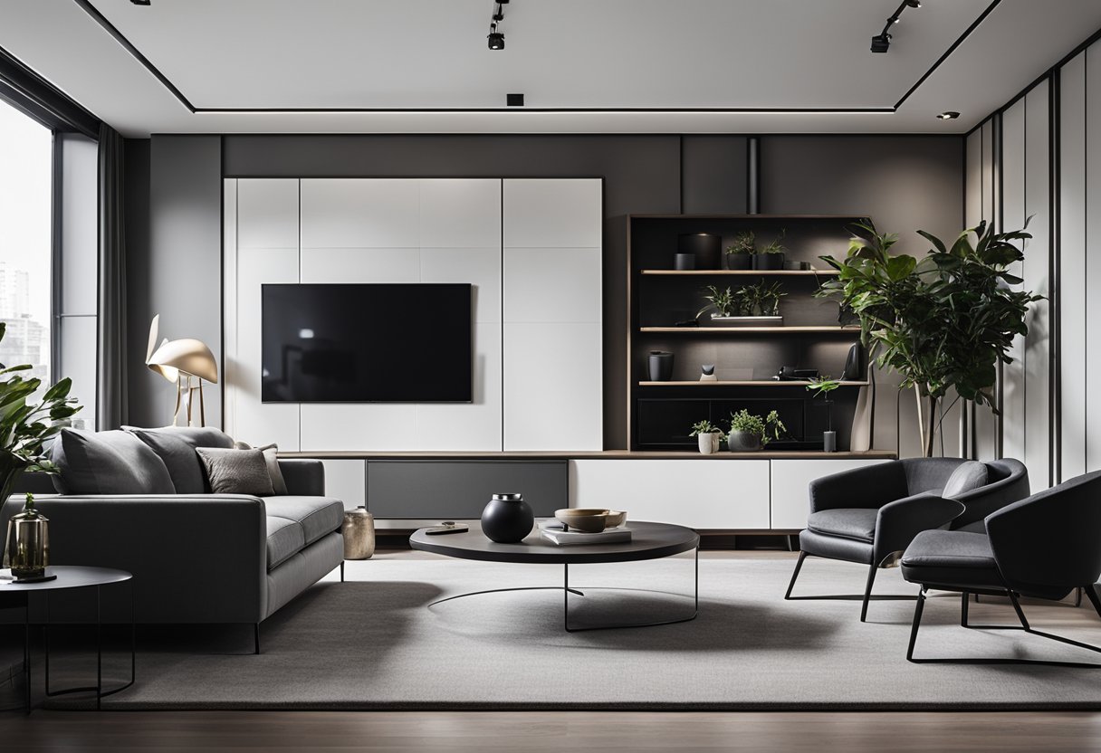 A modern, minimalist living room with sleek furniture, monochromatic color scheme, and abstract art on the walls