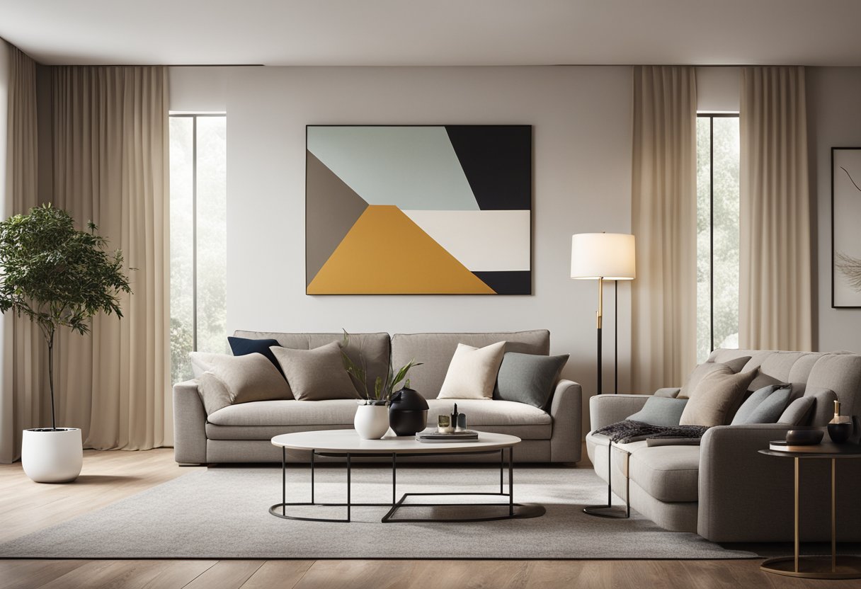 A modern living room with a sleek sofa, geometric coffee table, and abstract wall art. A floor lamp illuminates the space, while a large window lets in natural light