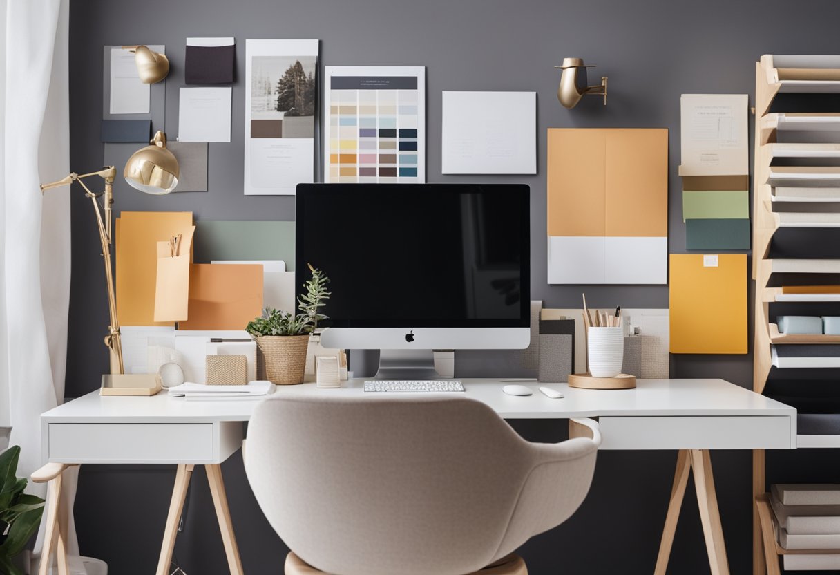 A stylish and modern interior design studio with a clean, organized workspace, shelves filled with design books, and a mood board adorned with color swatches and fabric samples