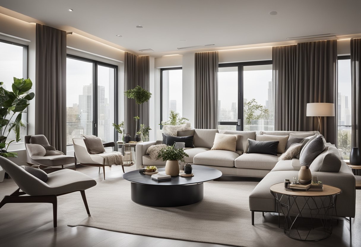 A sleek, open-concept living room with multifunctional furniture, maximizing space and functionality. Clean lines, neutral colors, and natural light create a modern, inviting atmosphere