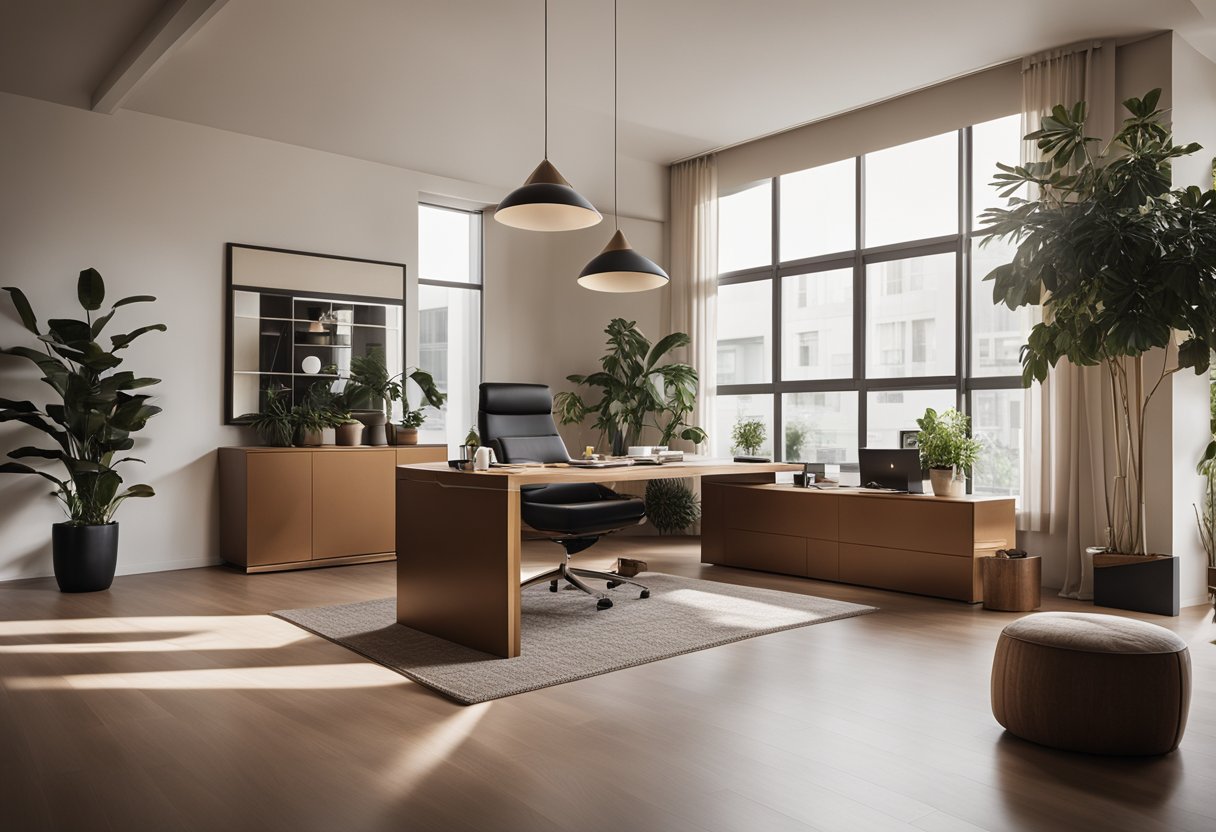 A stylish, modern studio with warm brown tones, sleek furniture, and ample natural light. Clean lines and minimalist decor create a welcoming and professional atmosphere