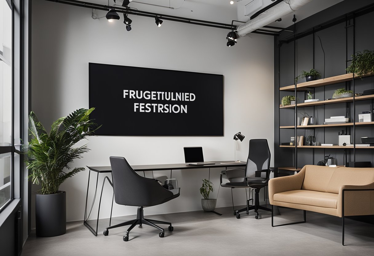 A modern office with sleek furniture and a minimalist color palette. A large sign reads "Frequently Asked Questions edg interior design" on the wall