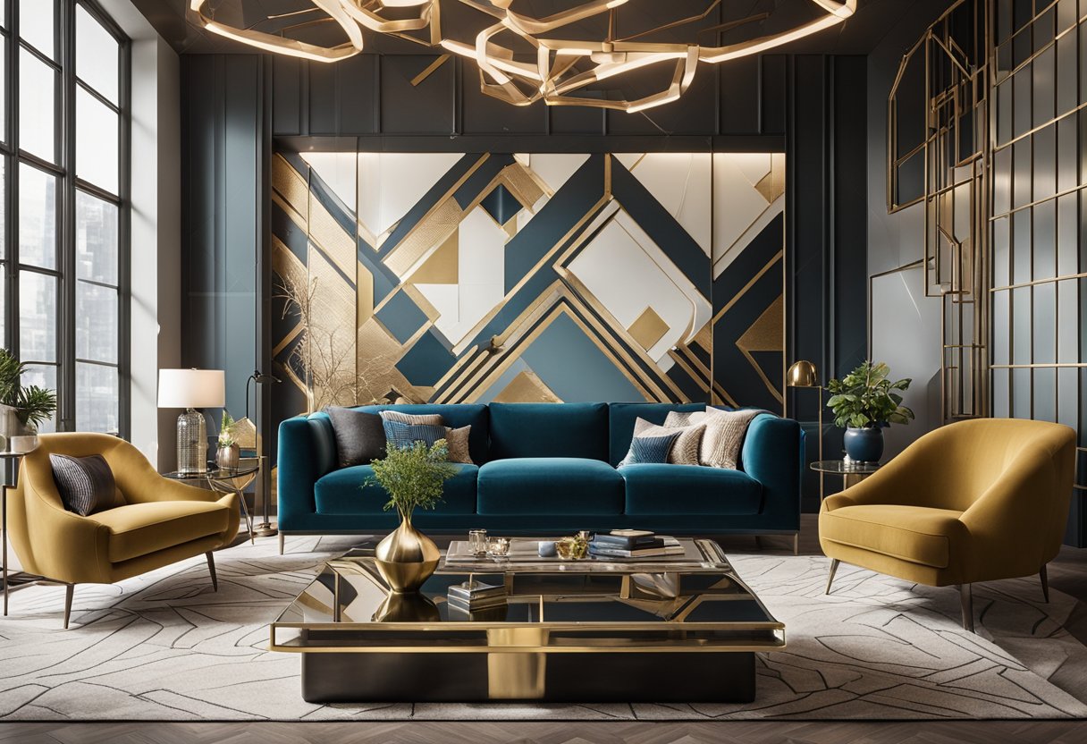 A modern living room with sleek furniture, geometric patterns, and metallic accents. A statement wall features bold colors or textured wallpaper. Large windows bring in natural light