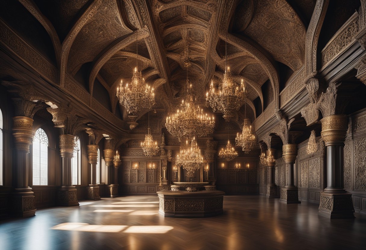 A grand hall with intricate wood carvings, tapestries, and ornate chandeliers. Elven motifs and dwarven craftsmanship adorn the space, evoking a sense of ancient majesty and otherworldly beauty