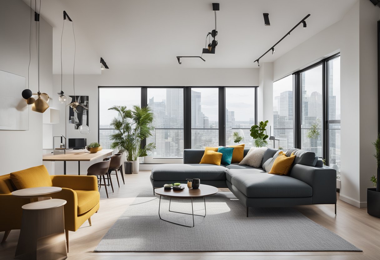 A sleek, open-concept apartment with clean lines, minimalist furniture, and pops of bold color. Large windows let in natural light, showcasing the modern style elements throughout the space