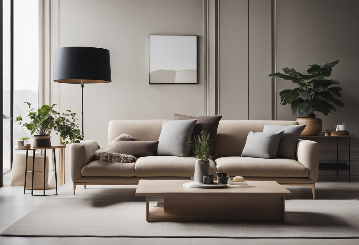 A modern, minimalist interior space with stylish furniture and decor pieces. Clean lines, neutral colors, and natural light create a serene atmosphere