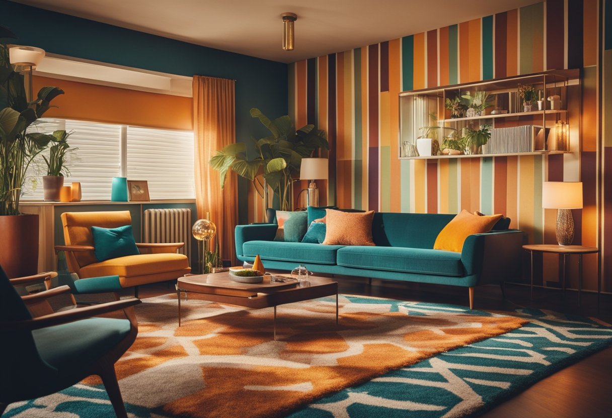 A retro-style living room with bold, geometric patterns on the wallpaper and furniture. A shag rug and lava lamp add to the vintage vibe