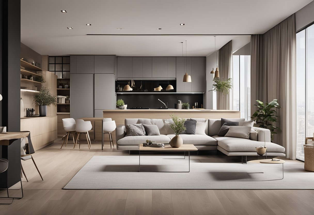 A sleek, minimalist apartment with clean lines and modern furnishings. A large, open-concept living space with a neutral color palette and plenty of natural light