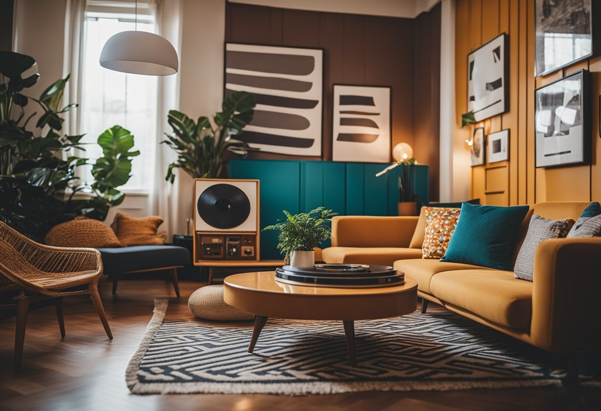 A cozy living room with bold geometric patterns, vibrant colors, and sleek furniture. A record player and vintage posters add to the retro vibe