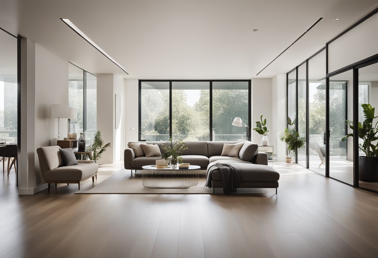 A modern, minimalist interior with clean lines, neutral colors, and natural materials. A spacious room with plenty of natural light and a sense of calm and tranquility