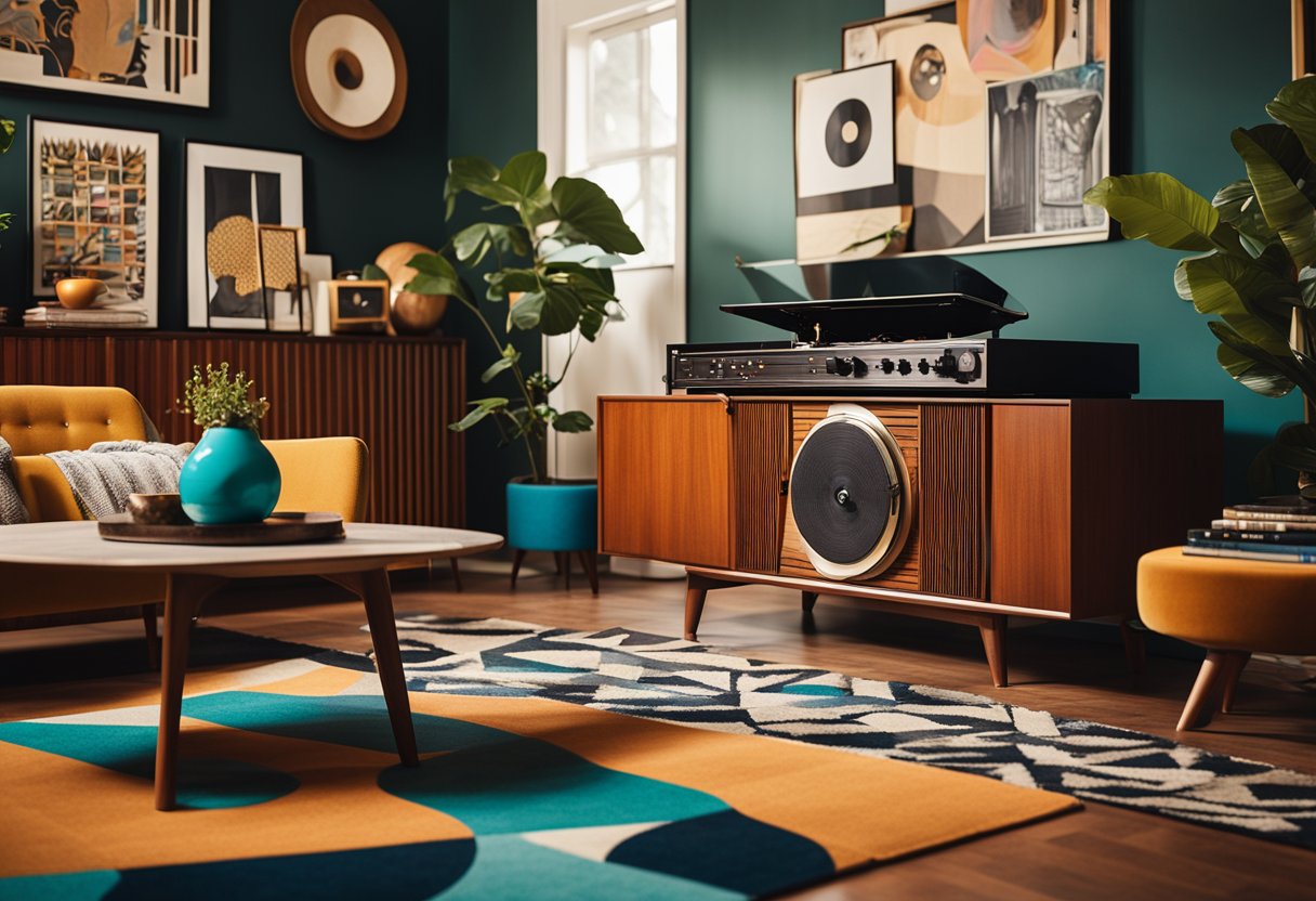 A cozy living room with mid-century modern furniture, bold geometric patterns, and vibrant colors. A record player sits on a vintage credenza, surrounded by retro art and decor