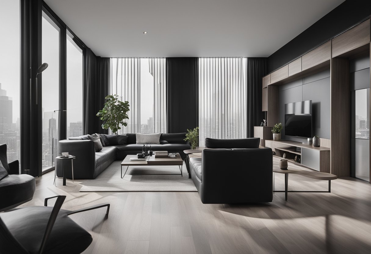A modern black and white wood interior with clean lines and minimalistic furniture