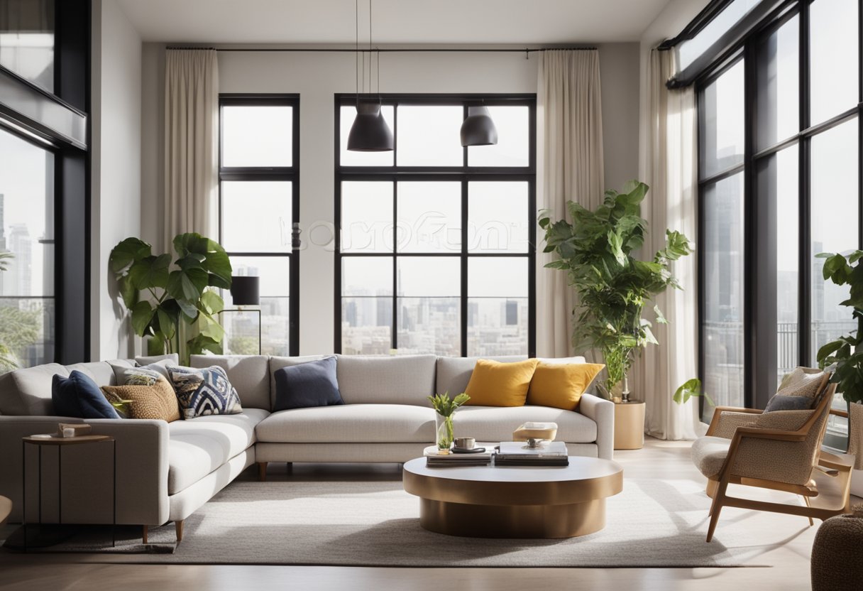 A bright, modern living room with sleek furniture, pops of color, and natural light streaming in through large windows