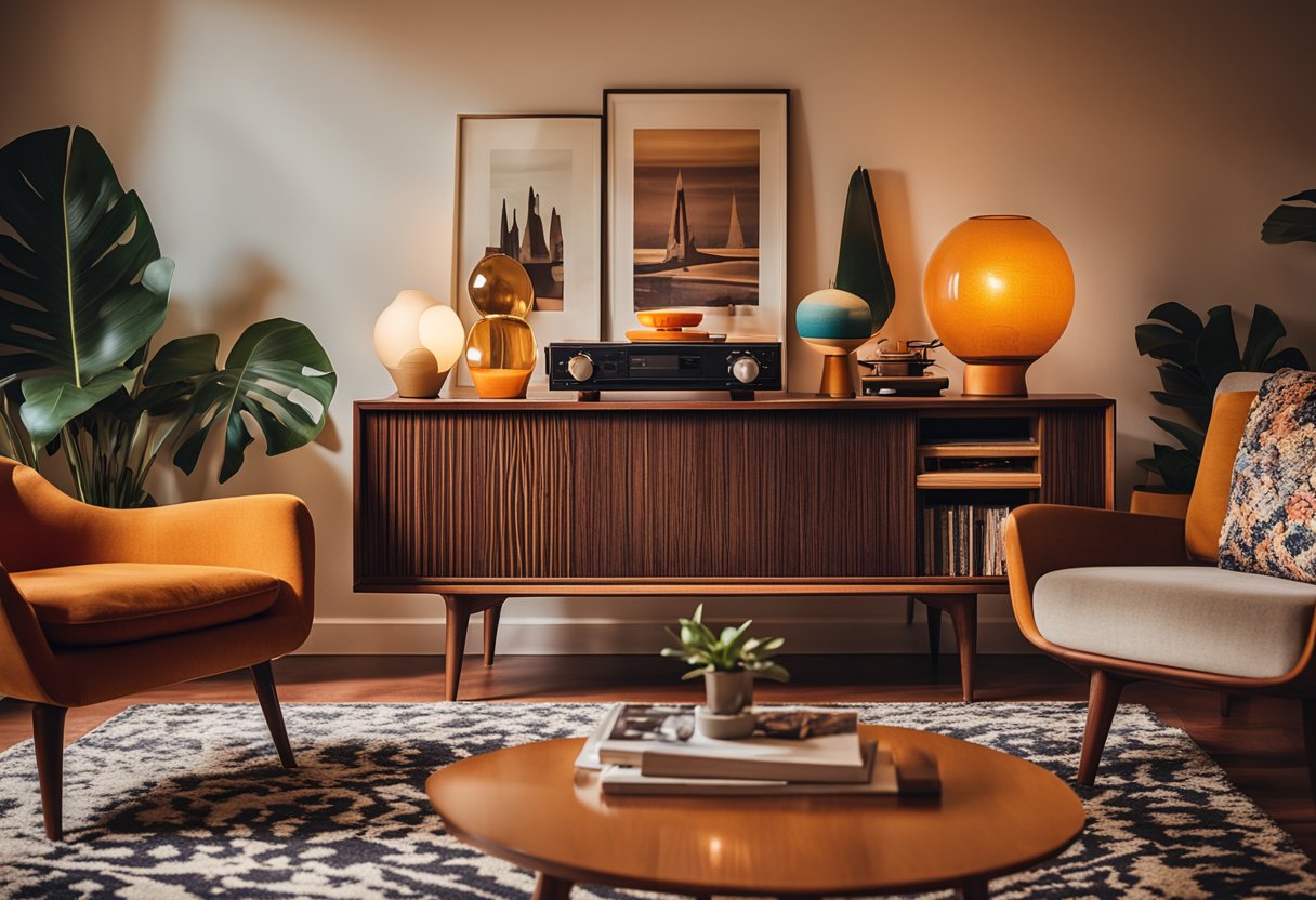 A cozy living room with vintage furniture, bold patterns, and warm colors. A record player sits on a mid-century modern sideboard, while a shag rug and lava lamp add retro flair
