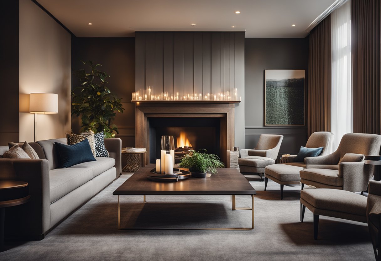 The boutique hotel interior features a cozy fireplace, modern furniture, and soft lighting. A mix of textures and patterns creates a chic, inviting atmosphere