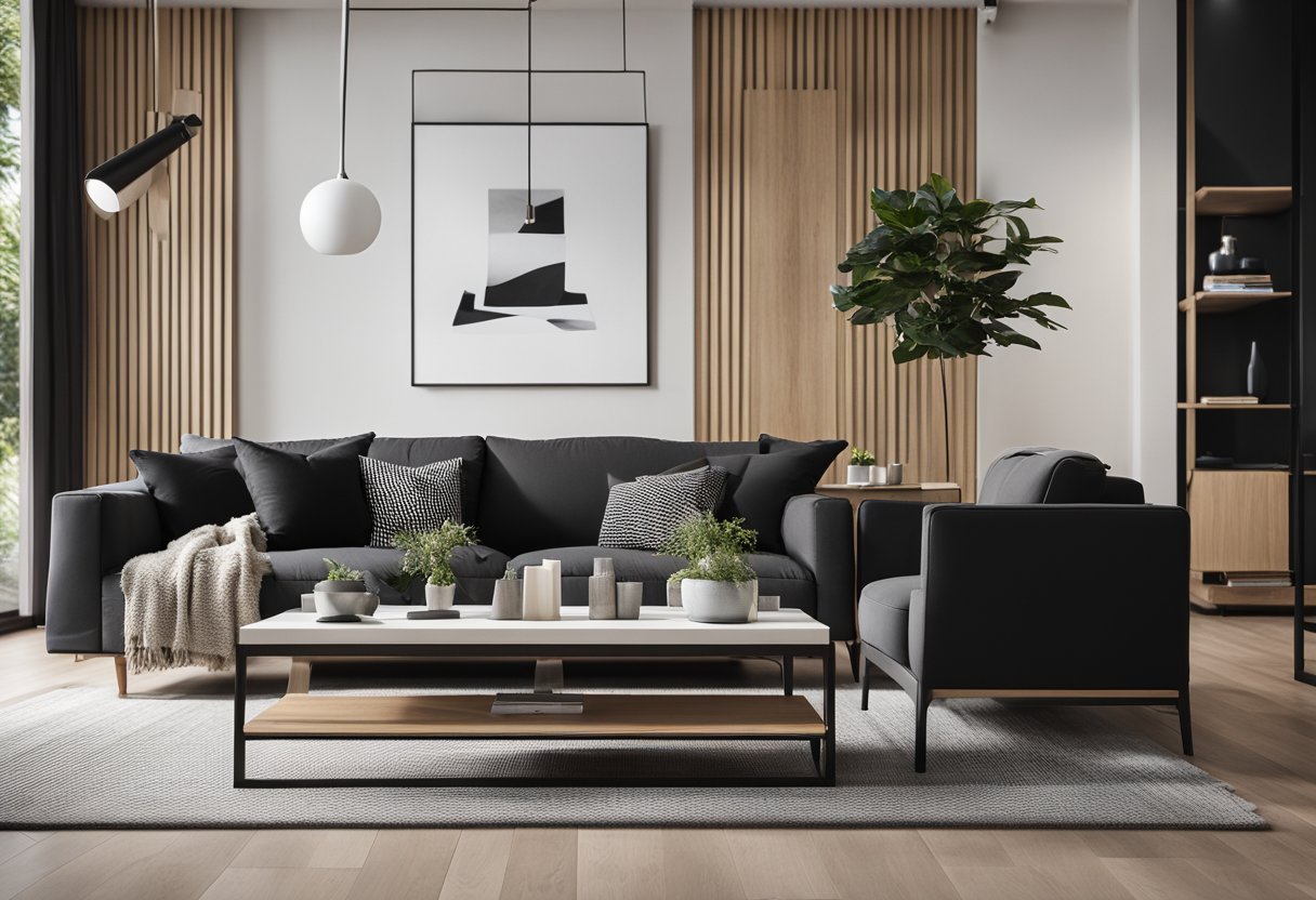 A modern living room with black and white furniture, accented by natural wood elements. Clean lines and minimalistic decor create a sleek and inviting space