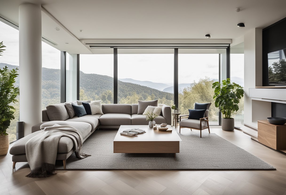 A modern living room with a sleek sofa, coffee table, and floor-to-ceiling windows. The room is bathed in natural light, with minimalist decor and a neutral color palette