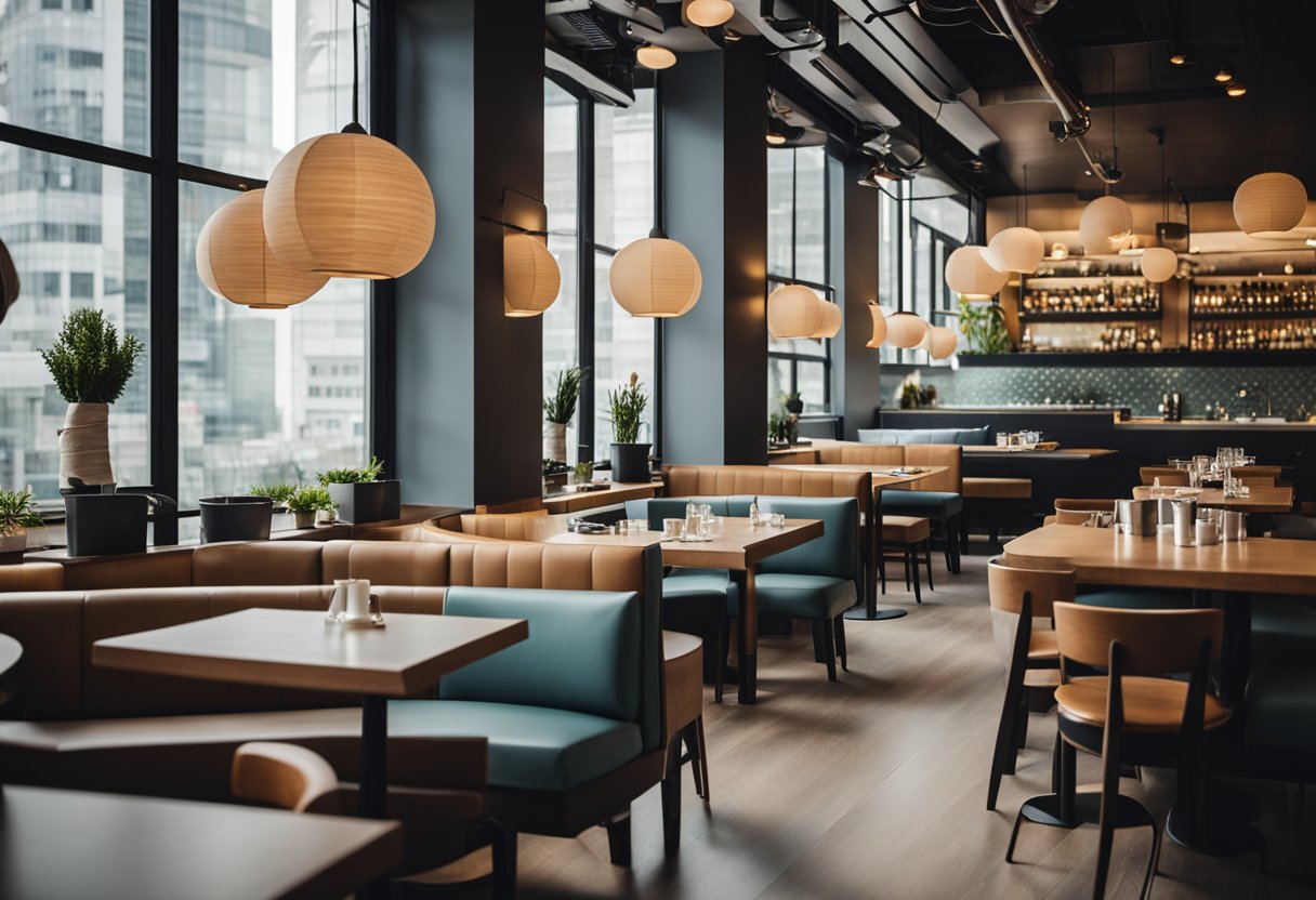 The restaurant interior features modern furniture, soft ambient lighting, and a cozy color scheme. The walls are adorned with tasteful artwork, and large windows offer a view of the bustling city outside