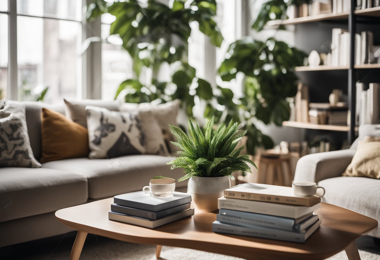 A cozy living room with a modern sofa, coffee table, and plants. A bookshelf filled with design books and decorative items. Bright natural light coming in from the large windows