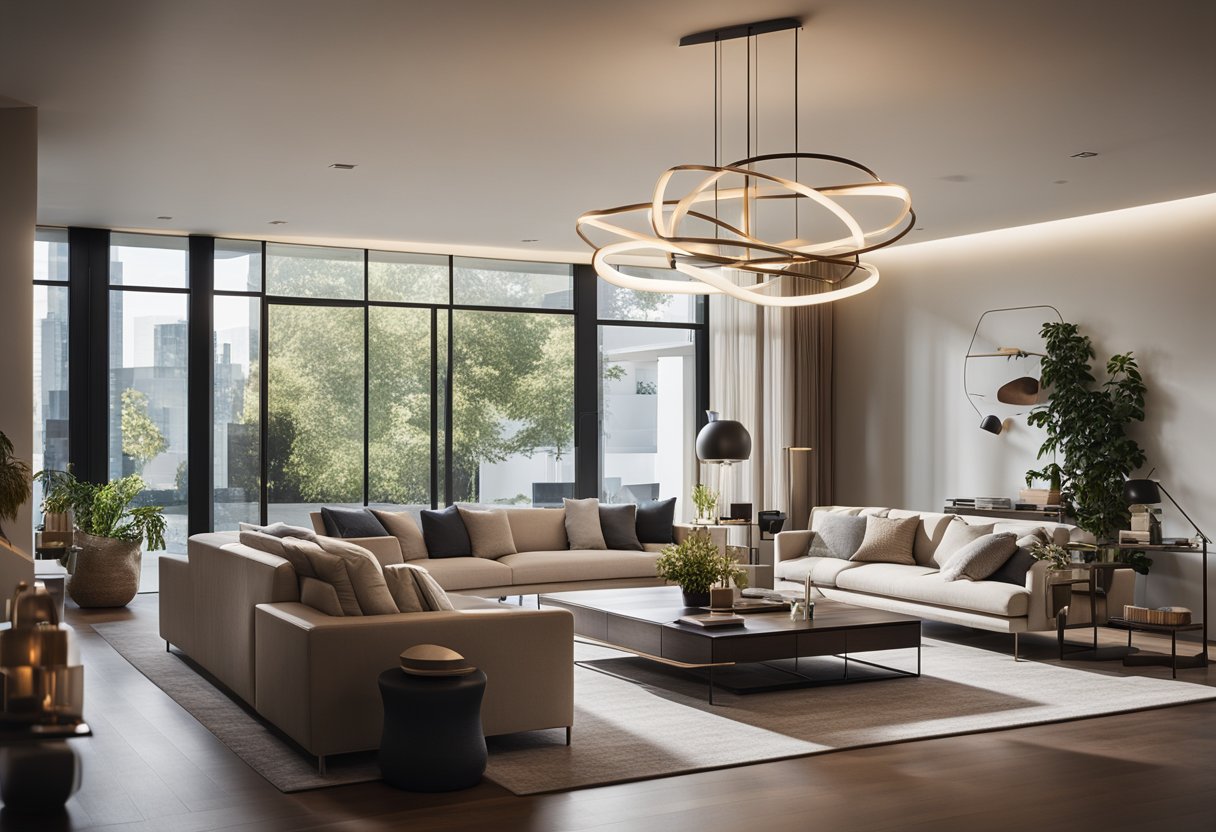 A modern living room with sleek furniture, large windows, and a minimalist color palette. A statement light fixture hangs from the ceiling, casting a warm glow over the space
