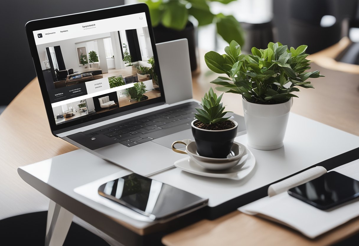 A smartphone displaying an interior design vision board app on a sleek, minimalist desk with a modern chair and a potted plant in the background