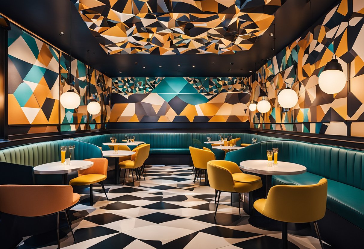 The Sketch restaurant interior features bold, geometric patterns, vibrant colors, and modern furniture. The walls are adorned with abstract artwork, and the lighting creates a warm and inviting atmosphere