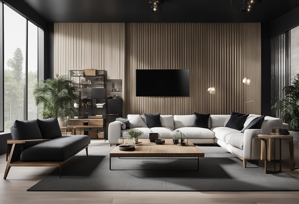 A sleek black and white interior with natural wood accents, featuring clean lines and modern furniture