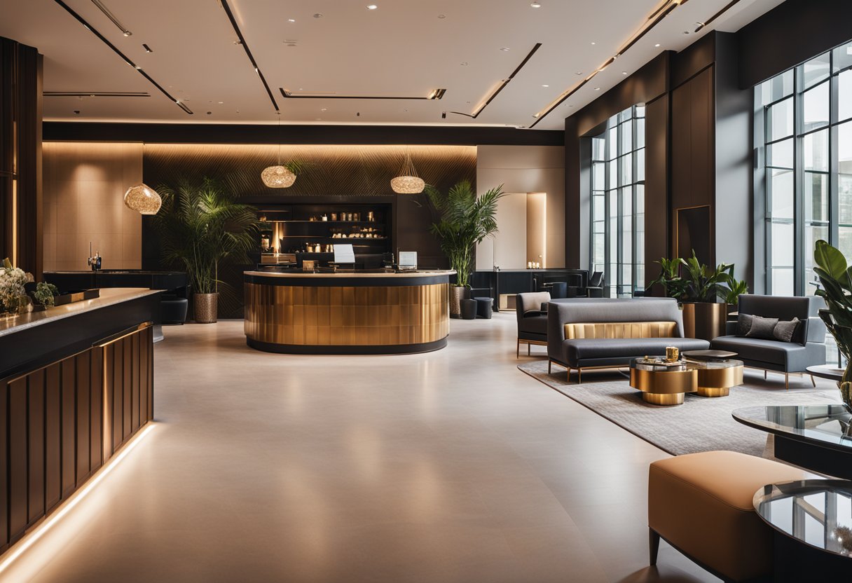 A chic boutique hotel lobby with modern furnishings and a warm color palette, featuring a sleek reception desk and luxurious seating areas