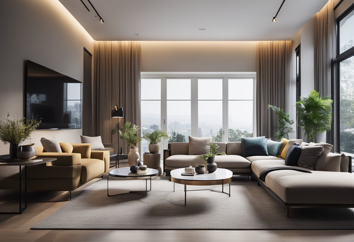 A modern living room with sleek furniture, soft lighting, and a stylish color scheme. The room features advanced 3ds max interior design techniques and professional tips