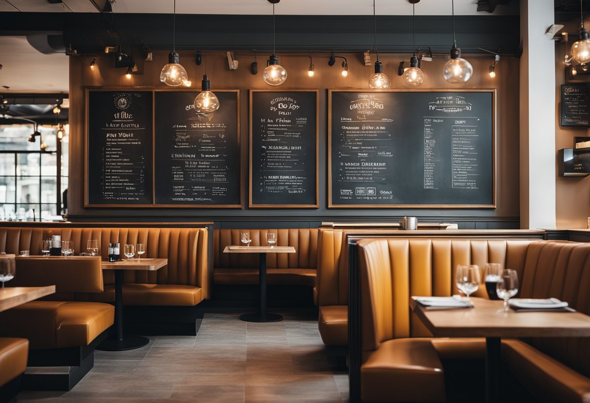 A cozy restaurant interior with modern furnishings, soft lighting, and a mix of booth and table seating. The walls are adorned with framed FAQ posters, and a chalkboard displays daily specials