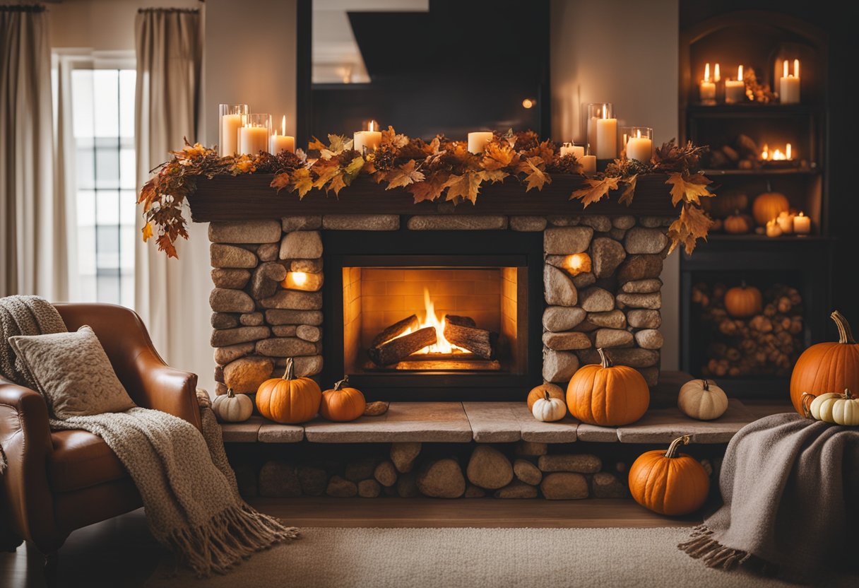 Warm, earthy tones with cozy textiles and rustic accents. Leaves and pumpkins adorn the mantel. A crackling fire adds ambiance