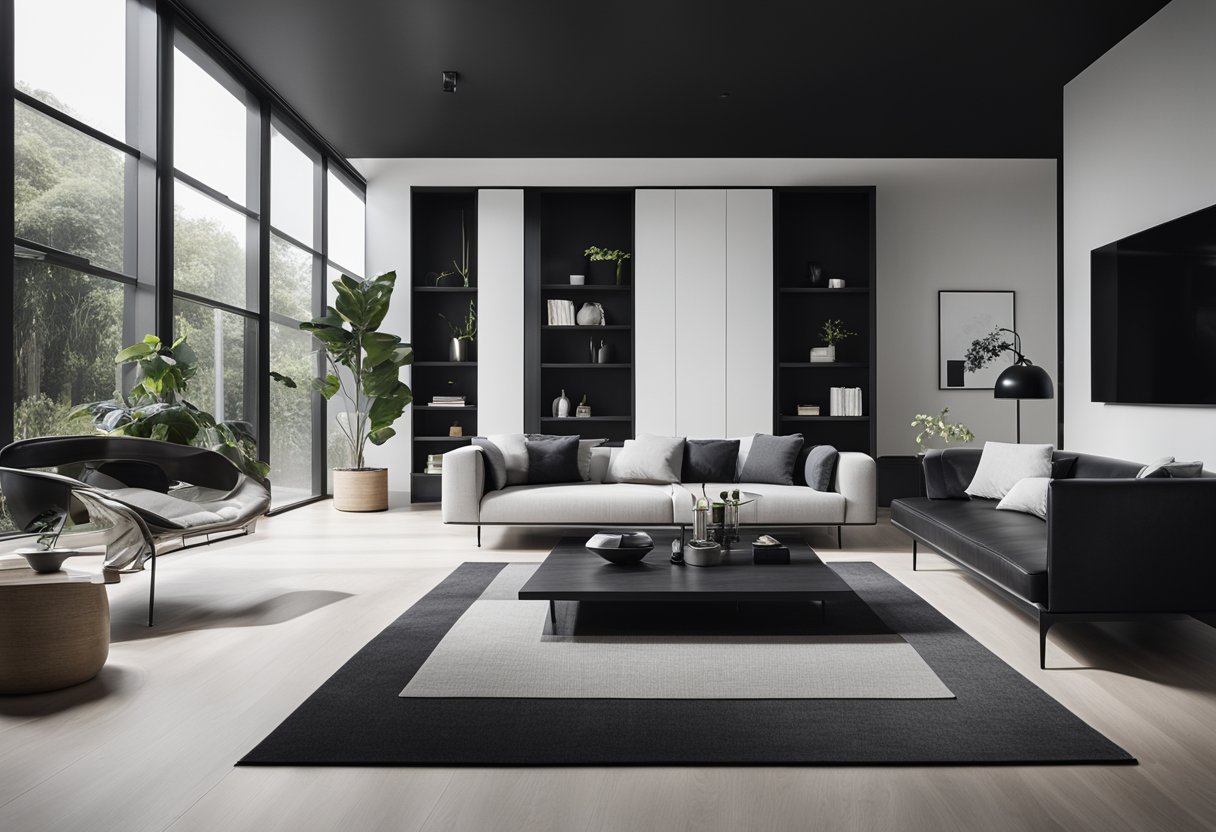 A clean, modern black and white wood interior design with minimalist furniture and ample natural light