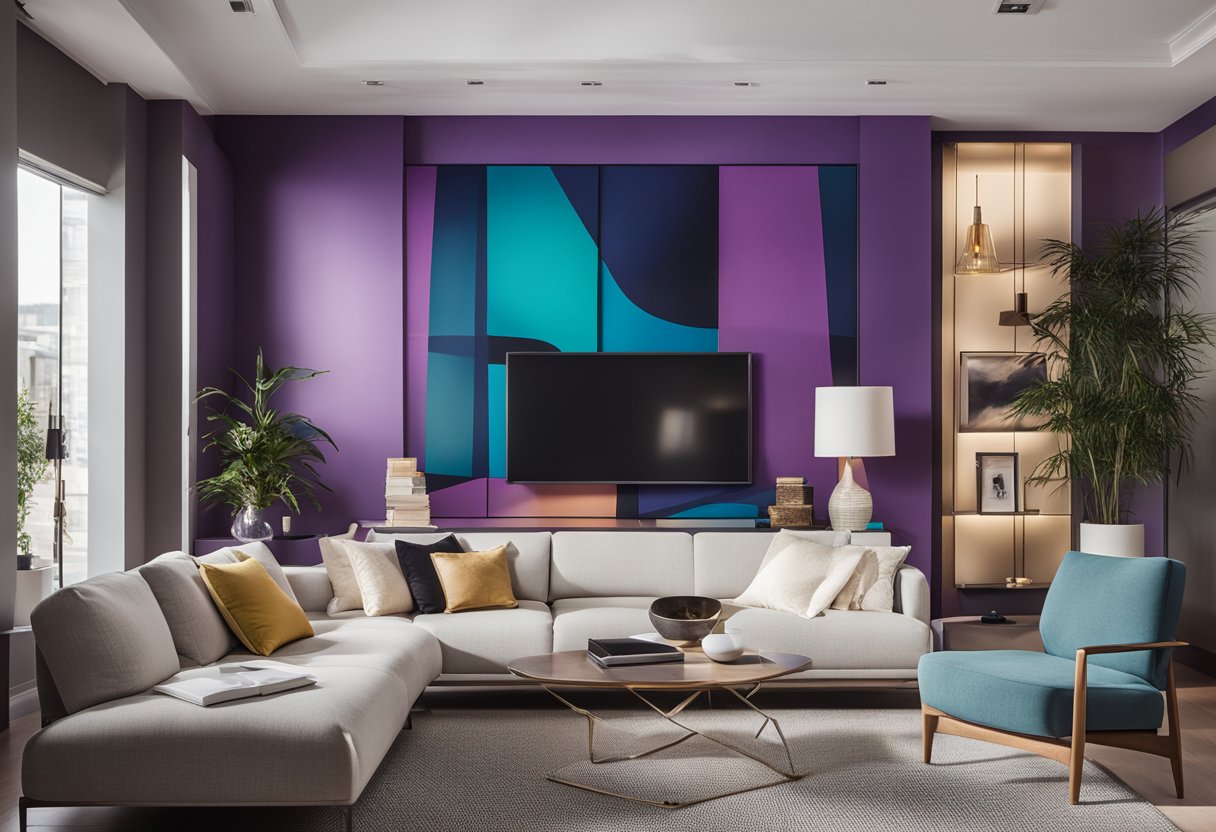 A sleek, modern living room with bold colors and clean lines. A digital vision board app displayed on a tablet, showcasing various interior design ideas and inspirations