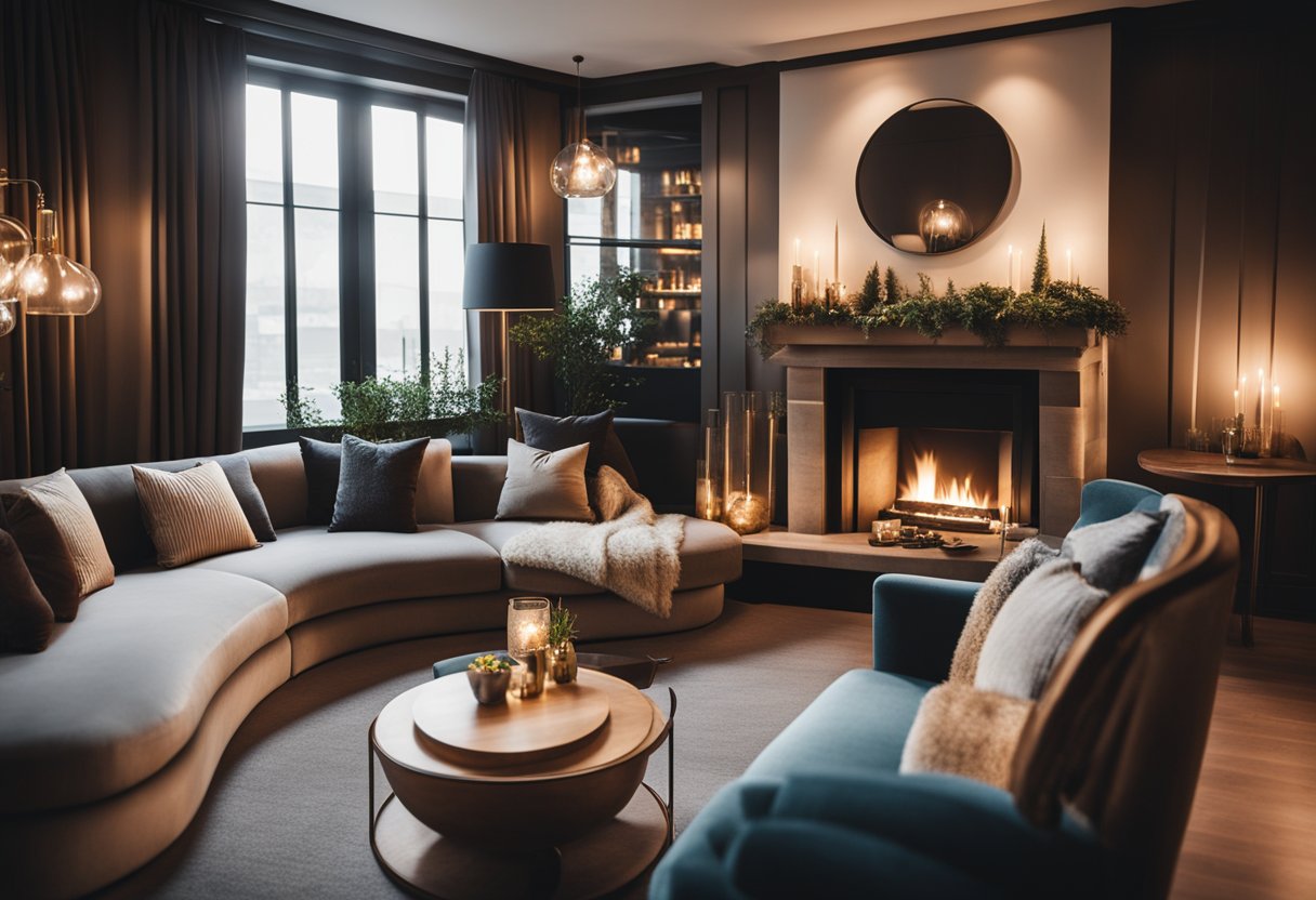 A cozy lounge area with plush velvet sofas, a warm fireplace, and soft lighting. A mix of modern and vintage decor creates a luxurious and inviting atmosphere