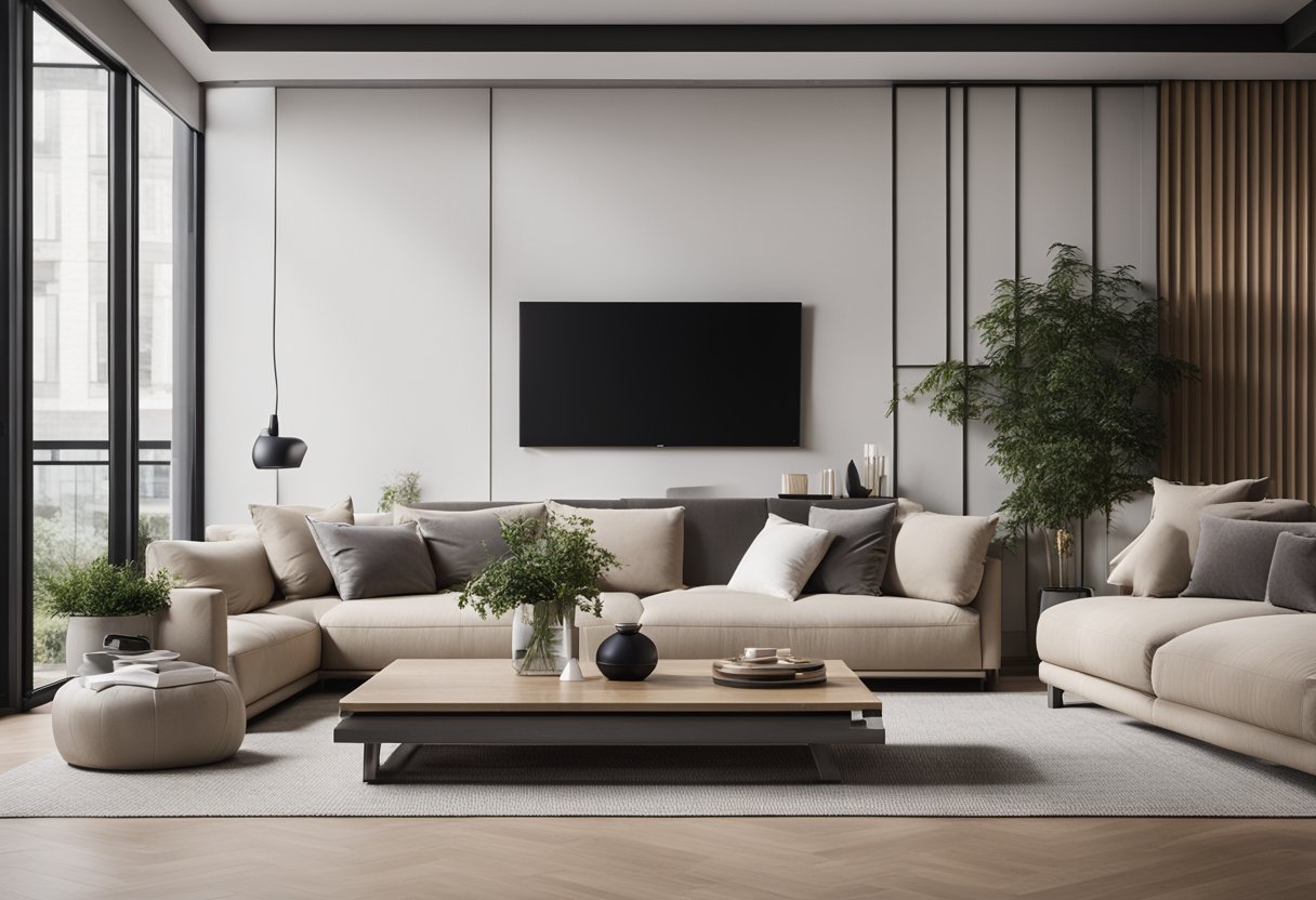 A modern living room with sleek furniture, neutral color palette, and large windows allowing natural light to flood the space
